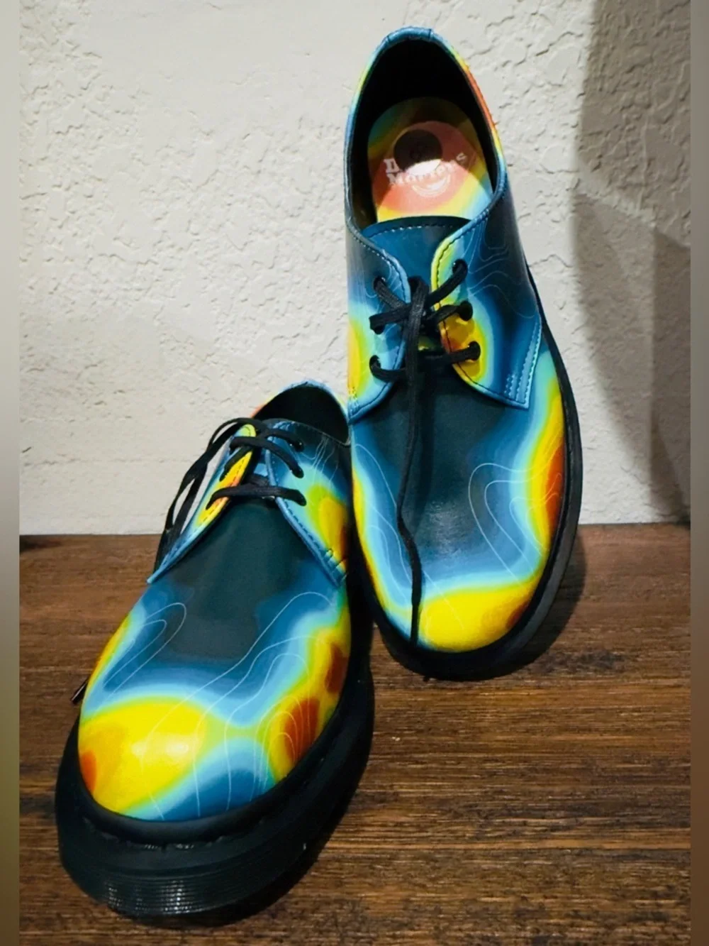 Dr martens unisex Black Leather Derby Shoes with Multicolor Heat-Map Print